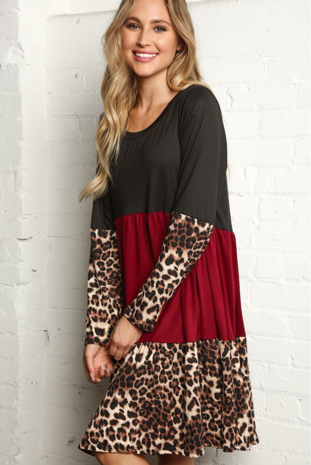 LEOPARD TIERED COLOR BLOCK DRESS